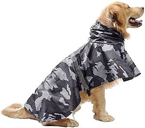 Mikayoo Large Dog Camouflage Raincoat Ajustable Pet Waterproof Clothes Lightweight Rain Jacket Poncho Hoodies with Strip Reflective(Gray M)