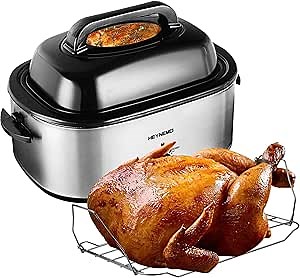 24 Quart Electric Roaster Oven with Self-Basting Lid, Stainless SteelTurkey Roaster Oven with Removable Pan and Rack, Adjustable Temperature Control Powerful 1450W, Silver