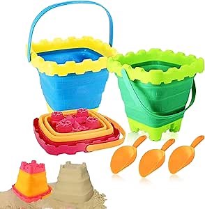6PCS Collapsible Sand Buckets and Shovels - Foldable Beach Buckets With Handle - Silicone Sand Bucket Set