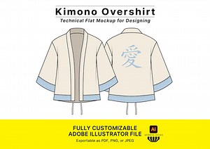 Kimono Over-shirt Vector Mockup, Japanese Haori Technical Drawing, Fashion Flats for Design, Ready-to-use Customizable Illustrator Template - Etsy Canada