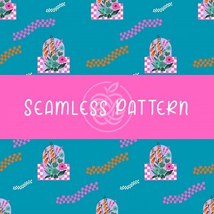 Retro Checkerboard Floral Seamless Pattern, Teal Background (digital Download) - Etsy UK
