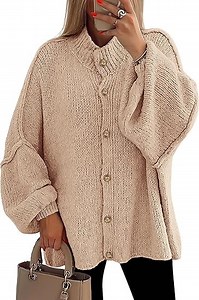 PRETTYGARDEN Women's Winter Button Down Cardigan Sweaters Mock Neck Lantern Long Sleeve Chunky Knit Jacket Trendy Outerwear - Walmart.com