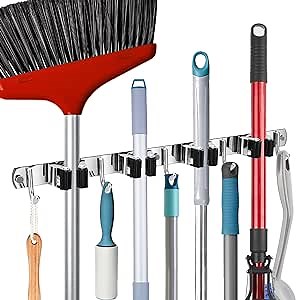 Mop Broom Holder Wall Mount, Stainless Steel Laundry Brooms Mops Organizer Wall Hanging with 4 Clamps 5 Hooks - Self -adhesive & Drill Available,Heavy Duty Garage Tools Wall Hanger for Home Garden