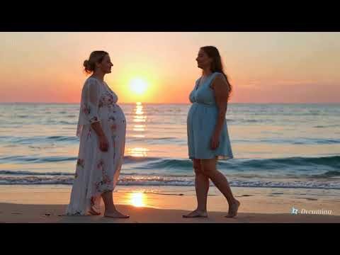 Lesbian kiss between two women walking along the beach at sunset