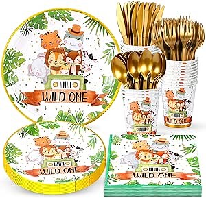 Wild One Birthday Decorations - Safari Birthday Decorations for Wild One, Jungle Theme Plates and Napkins, Cups, Cutlery, Straws, Baby Shower Tableware Set for Wild One Party Supplies Serves 20