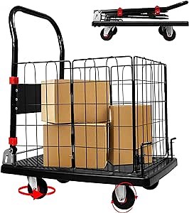 Folding Platform Truck Cart with Removable Cage,35”x25” 1200 LBS Foldable Hand Push Flated Dolly Moving Cart with 5'' 360° TPR Silent Strong Wheels for Warehouse Grocery Shopping Storage