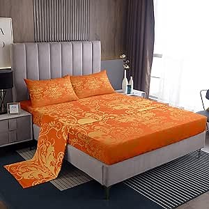 Adults Orange Damask Sheet Set Antique Victorian Baroque Bed Sheets King,Gothic Vintage Floral Flat Fitted Sheet Exotic Sugar Skull Bed Set,Gothic Bone Skeleton Bohemian Decor,Melon Yellow