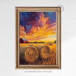 Rustic Sunset Hayfield With Barn - Impressionistic Harvest Scene, Autumn Farm Landscape, Printable Wall Art Decor, Digital Painting 139 - Etsy