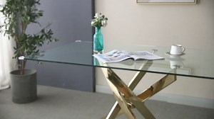 51.2 Inch Golden Glass Rectangular Dining Table for 6, Modern Dining Room Table with 0.39" Thick Tempered Glass and Adjustable Cross Stainless Steel Legs, Kitchen Dinner Table for Kitchen
