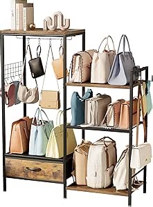 Purse Organizer for Closet, High-Capacity Purse Storage with Drawer, 3-Tier Purse Rack with Hooks, Floor Standing Handbag Storage Rack for Cloakroom, Foyer, Bedroom