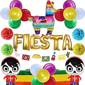 Fiesta Coco Mexican Party Decorations Supplies, Cumpleas de Muertos Halloween Baby Shower Party Kit, Rainbow Tablecloth, Pom Poms, Taco-Llama-Cactus-Guitar-Papel Picado Banner
