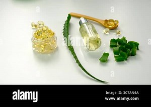 aloe vera extract and capsules. Selective focus. nature.