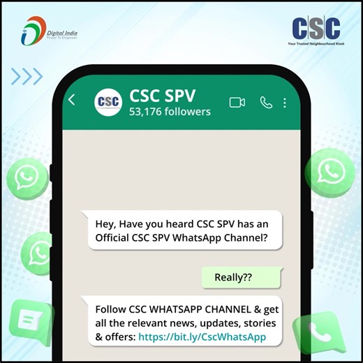 Did you know CSC SPV has an official WhatsApp Channel? NO!! Then you are missing out on all the relevant news, updates, stories & offers of #CSC... Follow NOW & get all the latest updates: https://www.whatsapp.com/channel/0029Va5pY1EJpe8avzCDsy2f #WhatsApp #CSCWhatsAppChannel #DigitalIndia #FollowCSC #FollowCscOnWhatsApp #WhatsappChannel #CSCStories #CSCUpdates | Common Services Centers