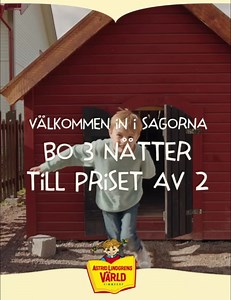 Kliv rakt in i äventyret och bo lekvänligt med parken runt knuten! I skogsbrynet i anslutning till parken har Astrid Lindgrens Världs gästboende byggts. Här finns flera olika boendealternativ i många olika former, och utspritt mellan gårdar och stugor finns lek i många olika former. Här finns mycket att upptäcka; båtar du kan klättra och åka kana i, trädjur du kan mata och rida på och gränder och bakgator du kan smyga i. Leken kan pågå fritt utan störande bilar och andra farligheter. | Astrid Li
