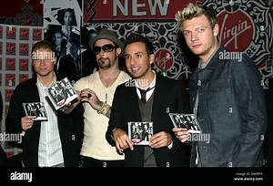 The Backstreet Boys (L-R) Brian Littrell, A.J. McLean, Howie Dorough and Nick Carter pose for pictures before signing copies of their fifth studio album "Unbreakable" at Virgin Megastore Times Square in New York on October 30, 2007.  (Photo by Laura Cavanaugh/Sipa USA Stock Photo - Alamy