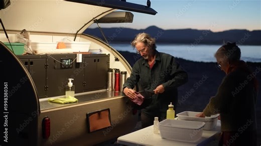 Mature woman cleans dishes next to her teardrop camper at the beach in Baja California while the sun sets over the water.