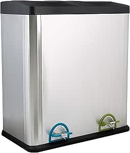 Organize It All Dual Compartment Step-On Recycling Bin Trash Can, 16-Gallon, Silver, Black