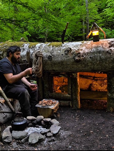 Camping under a fallen tree deep in the woods and grilling chicken🏕️🪵🛖 #wildlife #adventure #camping #diy #nature #asmr #bushcraft #survival #fblifestyle | HK Outdoors