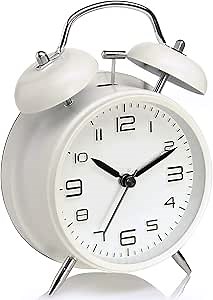 ERWUDEling 4 inch Twin Bell Alarm Clock, Metal Frame 3D Dial with Backlight Function, Desk Table Clock for Home and Office (White)