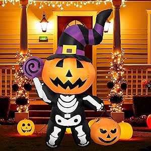 6FT Halloween Inflatables Skull Skeleton Pumpkin Head, Blow Ups Inflatable Halloween Outdoor Decoration with Built-in LED Lights for Party Indoor Outdoor Yard Garden Decorations