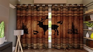 Manfei Rustic Deer Window Curtains Black Tree Deer Paw Print Window Treatments, Brwon Wooden Plank Window Drapes for Kids Boy Room Decor Grommet Top 2 Panel Set Bedroom Curtains, 38Wx45L inch