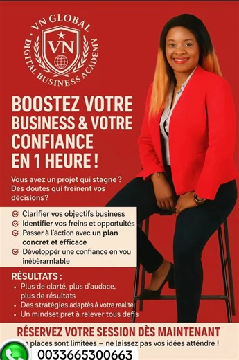 Consultation business et motivation 29,99€ Booster Votre Business & Votre Confiance en 1 Heure ! Vous avez un projet qui stagne ? Des doutes qui freinent vos décisions ? En seulement 1 heure de consultation stratégique, je vous aide à: Clarifier vos objectifs businesS Identifier vos freins et voS opportunités Passer à l'action avec un plan concret et efficace Développer une confiance en vous inébranlable Résultats: Plus de clarté, plus d'audace, plus de résultats Des stratégies adaptées à votre 