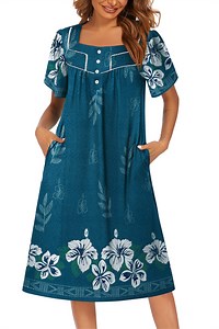 Ekouaer House Dresses for Women Moo Moo Nightgown Short Sleeve Mumu Dress Lounge Wear with Pockets Blue M