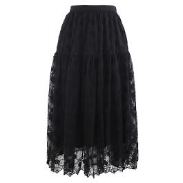 Floral Organza Overlay Mesh Midi Skirt in Black