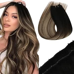Sunny Hair Beaded Weft Hair Extensions Human Hair Black Ombre 20inch Micro Bead Weft Hair Extensions Real Human Hair Natural Black Roots to Dark Brown Mix Blonde Hair Extensions Beaded Wefts 50g