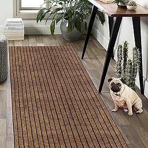 Weidear Hallway Runner Rug with Rubber Backing, Laundry Room Rug Non Slip, Washable Outdoor Indoor Rug Carpet Runner, Customized Area Rugs Mat for Entryway, Balcony, Deck-4FT x 48FT, Brown Stripe