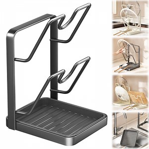 Double-Layer Pot Lid & Utensil Holder with Drip Tray, Heavy-Duty Carbon Steel Kitchen Organizer Rack for Lids, Spoons & Spatulas — Gun Gray, Rust-Resistant Countertop Storage Stand - Walmart.com