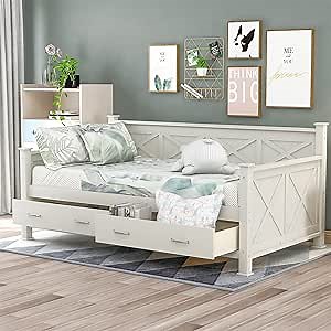 Harper & Bright Designs Twin Daybed with Drawers, Wood daybed Frame with Storage, Modern and Rustic Casual Twin Daybed (Cream with Drawers, Twin Size)