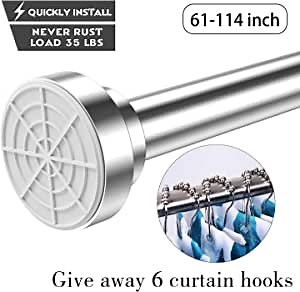 Tension Shower Curtain Rod - Never Rust Non-Slip Adjustable Closet Rod, Chrome, Tension Rod for Bathroom Kitchen Wardrobe Doorway Windows, No Drilling Stainless Steel Shower Rod, 61-114