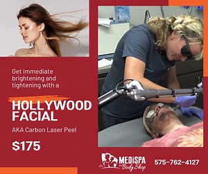 Get immediate brightening and tightening with a Hollywood Facial. It snaps pores shut and is great if you want an extra glow for an upcoming event. The facial takes about 30 minutes, has no downtime, and is a $175 special all month! | MediSpa & Body Shop