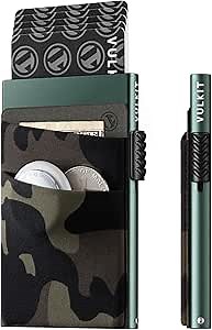 VULKIT Slim Pop Up Card Wallet for Men Women, RFID/NFC Blocking Aluminum Card Holder with 2 Fabric Camo Print Pockets for Cash, Coins, Airtag and others, Green