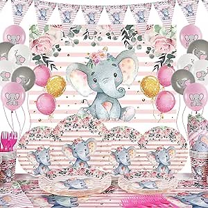 Elephant Baby Shower Decorations for Girl, Elephant Theme Tablecloths, Balloons, Backdrop, Banner, Plates, Napkins, Paper Cups, Forks for Birthday Party Decorations| Pink Grey White