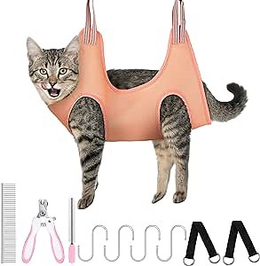 Pet Grooming Hammock for Cats & Dogs Hanging Harness Pet Supplies Set with Nail Clippers Trimmer, Pet Comb, Nail File Adjusting Band Grooming Table for Cats Dogs Bathing Washing(Pink, Small)
