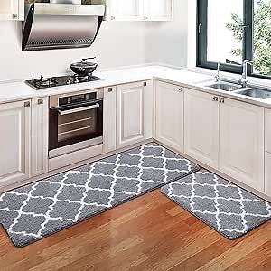 KMAT 2 PCS Kitchen Rugs and Mats Non Slip 59"x20"+32"x20",Grey Soft Microfiber Kitchen Mat Super Absorbent Washable Runner Carpets Sink Rugs Set for Kitchen,Floor Home,Laundry