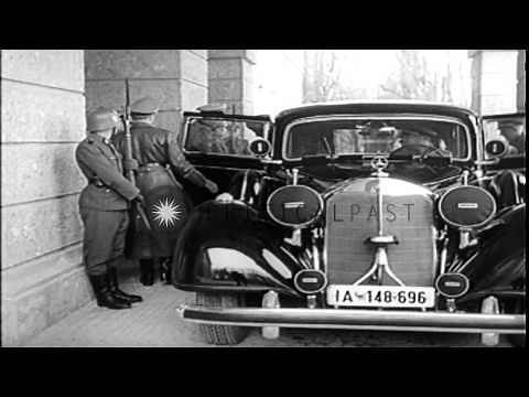 Adolf Hitler and Benito Mussolini greet each other and discuss during a meeting n...HD Stock Footage