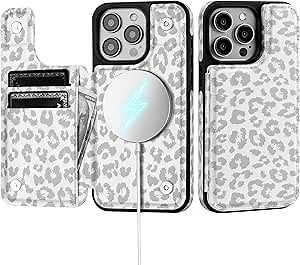 for iPhone 12 Pro Max Wallet Case with Card Holder Compatible with Magsafe Kickstand RFID Blocking Flip Cover Credit Card Slots PU Leather Men Women Phone Case for Apple12ProMax,Leopard-White