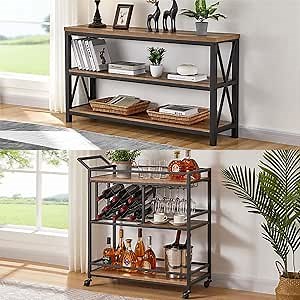 FATORRI Industrial Console Table and Bar Carts for The Home (Rustic Oak)