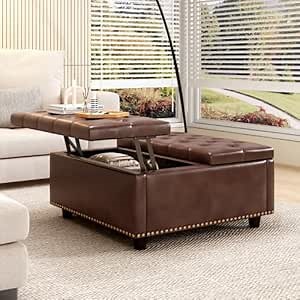Black Leather Ottoman - Large Square Design for Extra Seating and Storage - Tufted Coffee Table Ottoman with Storage for Livingroom, Bedroom (Brown)