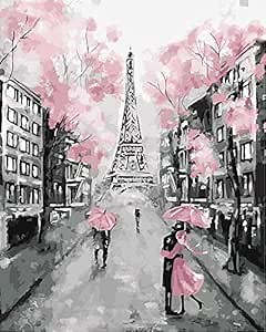 DIY Paint by Numbers Kit for Adults - Pink Paris | Pre-Printed Art-Quality Canvas 20” x 16”, 3 Brushes, Acrylic Paints