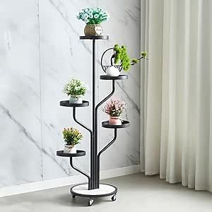 5-Tier Black Metal Tall Plant Stand With Wheels, Indoor Plant Stands For Multiple Plants, Movable Rotating flower stand Flower Pot Rack Plant holder Outdoor For Patio Corner Bedroom