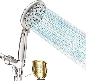 High Pressure Handheld Shower Head with 6 Spray Options, Brushed Stainless Steel, Adjustable Bracket for Bathroom