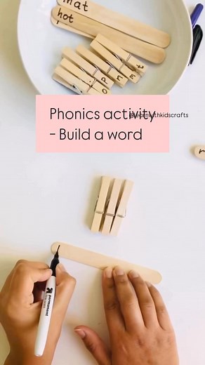 SAVE this phonics activity to practice cvc words.Write cvc words on few craft sticks (one word per stick). Write letters on clothespins. Then have the child build and read the cvc word. Later practice writing on the reusable end of the stick. (The end has a clear tape) Follow @learnithkidscrafts for more ideas!Don’t forget to check out my ultimate cvc bundle resource . It’s 170 pages of cvc learning with onset and rime mats, word slider, successive blending, several activities, decide the words,