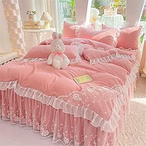 Princess Style Lace Ruffled Shabby Chic Comforter Cover Set Bedding Set 4pcs Quilted Bedskirt Ruffle Elastic Soft Two Pillowcases, Duvet Cover (Pink 2, King)