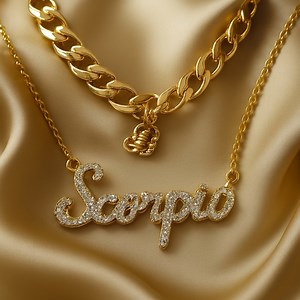 Scorpio Zodiac Necklace – Gold Script Pendant w/ Sparkling Stones Astrology Gift