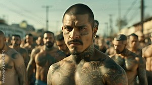 the leader of a Latin American gang with tattoos on his face and body stands at the head of his gang behind them, concept: criminal tattoos, Latin and Mexican gangs