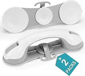 Grab Bars for Shower, 12 Inch Shower Handle 3 Strong Suction Cup Grab Bar with Hook, Safety Bars for Shower Chair Stool, Bathroom Grab Bar for Seniors, Elderly, Handicap (2 Pack), KVANT-04